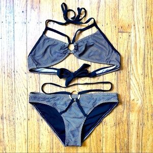 Strappy Net and O-Ring Caged Bikini in Black & Nude, Small